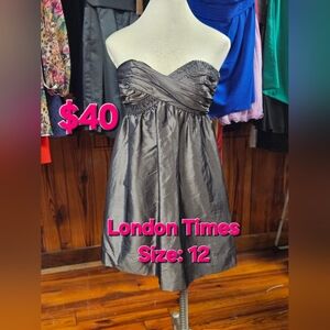 London Times Charcoal Strapless Dress